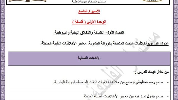 مراجعات نهائية.. أسئلة تقييم الأسبوع التاسع الفلسفة والمنطق الصف الأول الثانوي مراجعات نهائية.. أسئلة تقييم الأسبوع التاسع الفلسفة والمنطق الصف الأول الثانوي