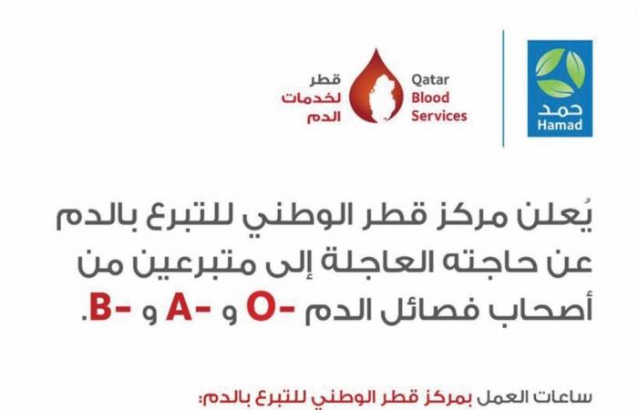 بصورة عاجلة.. «حمد الطبية» تطلب متبرعين بالدم في 3 فصائل بصورة عاجلة.. «حمد الطبية» تطلب متبرعين بالدم في 3 فصائل