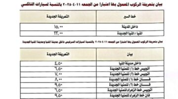 محافظة المنيا تعلن التعريفة الجديدة لنقل الركاب بجميع المراكز.