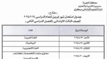 جداول اختبارات شهر إبريل لصفوف النقل من الثالث الابتدائي للثاني الثانوي بالجيزة