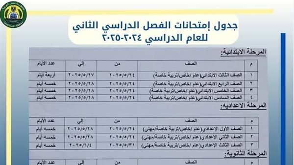 ننشر جداول امتحانات الفصل الدراسي الثاني بعد اعتمادها رسميًا بالإسماعيلية
