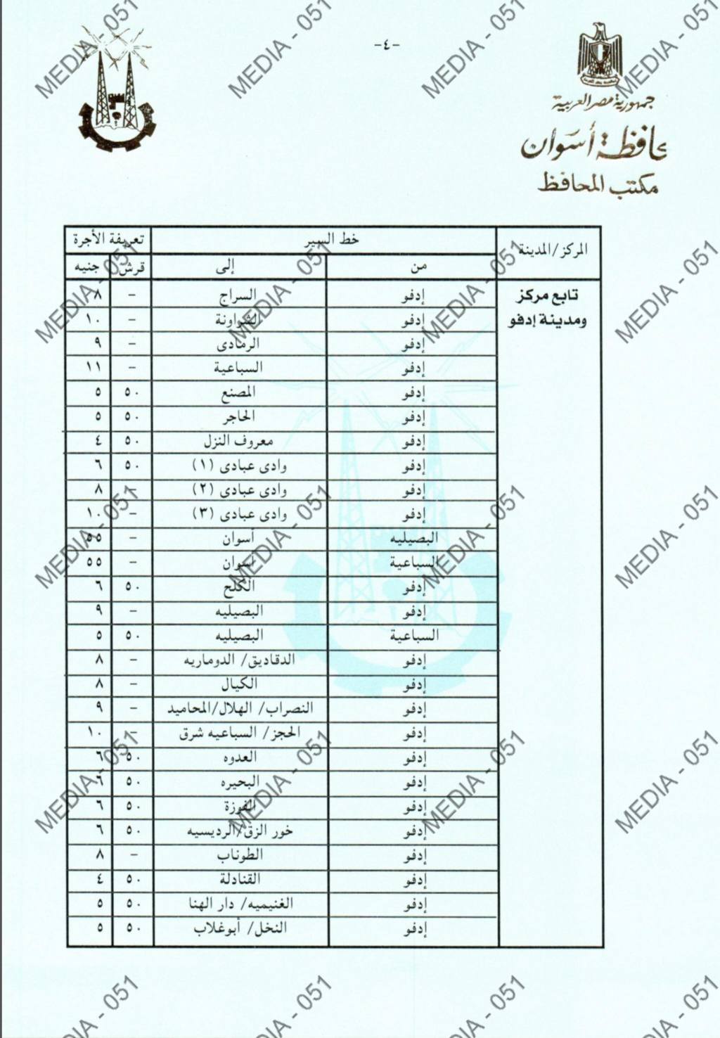 سعر تعريفة المواصلات في محافظة أسوان