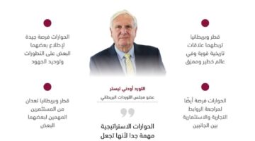 عضو بمجلس اللوردات البريطاني: الحوار الاستراتيجي القطري البريطاني دليل على متانة العلاقات بين البلدين
