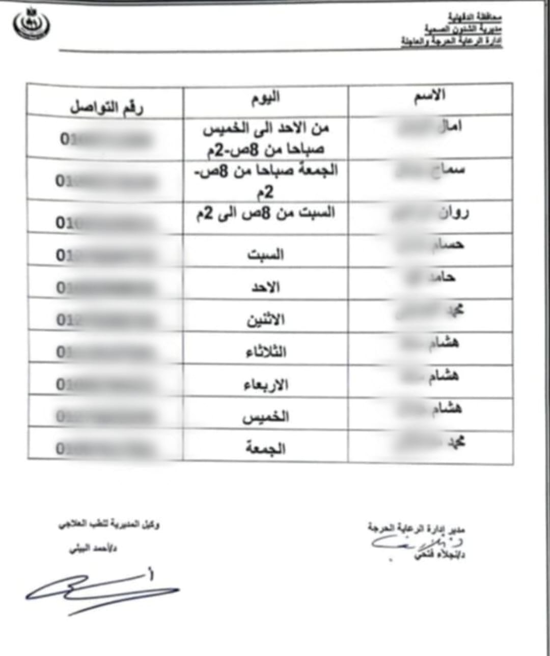 جدول المسئولين عن التحويل بين المستشفيات لايوجد به أطباء !!
