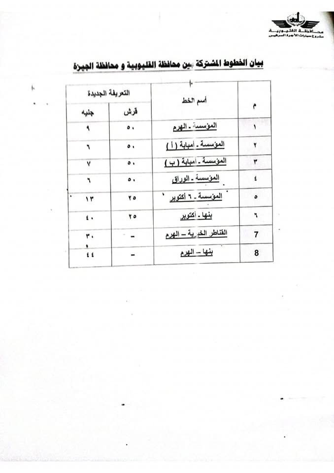 سعر تعريفة المواصلات للخطوط المشتركة بين القليوبية والجيزة