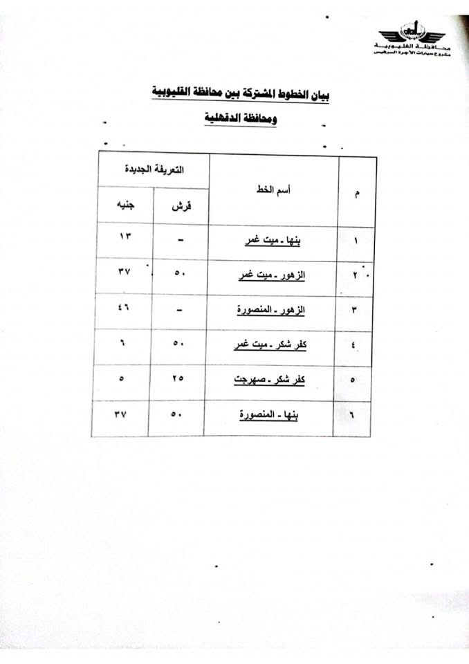 أسعار الأجرة الجديدة للخطوط المشتركة بين القليوبية والدقهلية