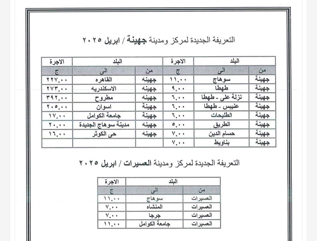 سعر تعريفة المواصلات الجديدة في سوهاج 2025