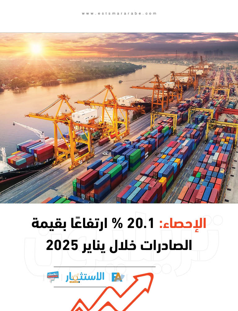 الإحصاء: 20.1 % ارتفاعًا بقيمة الصادرات خلال يناير 2025 الإحصاء: 20.1 % ارتفاعًا بقيمة الصادرات خلال يناير 2025