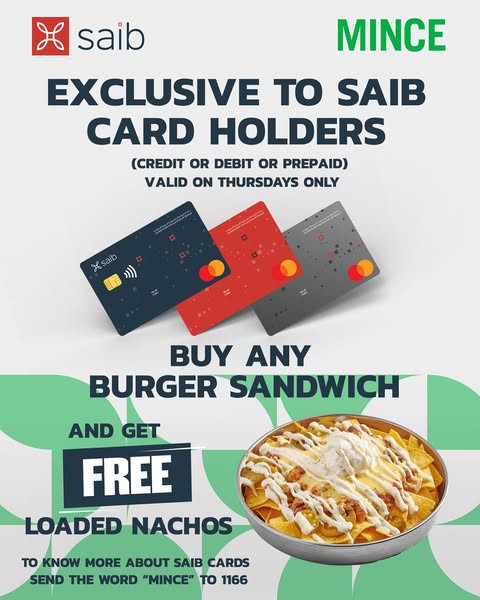 بطاقات بنك saib تتيح شراء سندوتشات البرجر من مينس بإضافات مميزة بطاقات بنك saib تتيح شراء سندوتشات البرجر من مينس بإضافات مميزة