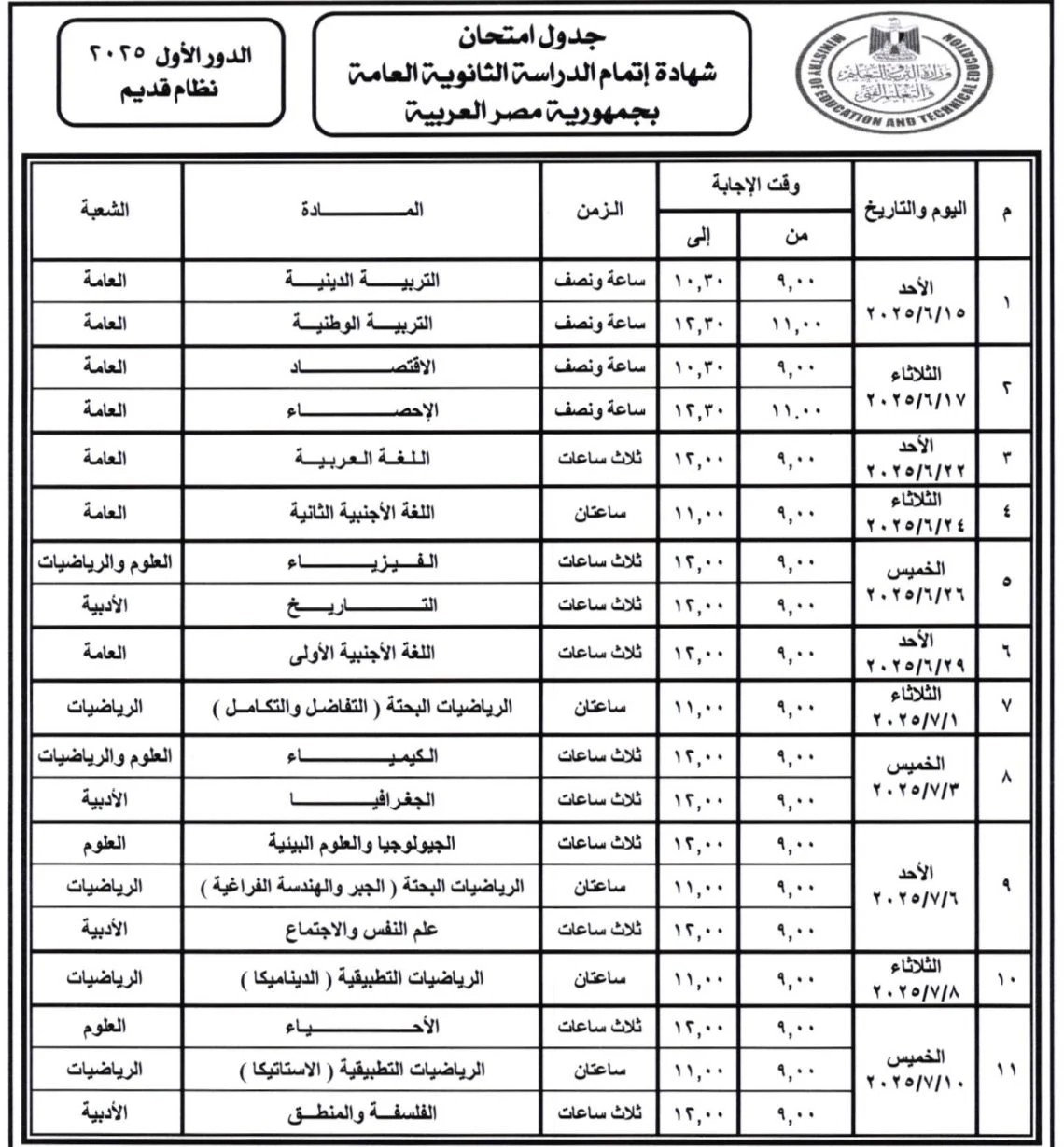 جدول امتحانات الثانوية العامة النظام القديم الدور الأول 2025