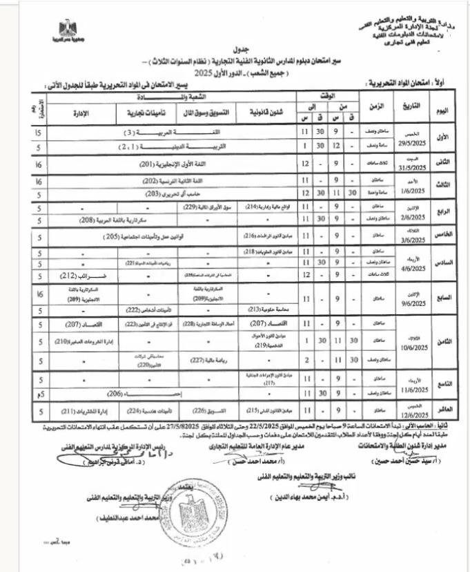 مواعيد امتحانات الدبلومات الفنية 2025 لجميع التخصصات