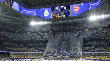 ملك أوروبا يُسقط أرسنال.. جماهير ريال مدريد تُبدع بتيفو مهيب في ليلة الأبطال