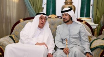 ولي عهد الفجيرة وعبدالله بن زايد والشيوخ يعزّون في وفاة حسن إبراهيم الفردان