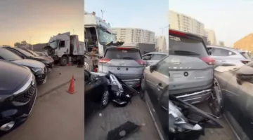 إصابة شخصين وتحطم 11 سيارة في حادث اقتحام تريلا معرض سيارات بالقطامية