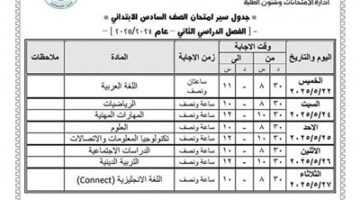 ننشر جدول امتحانات الصف السادس الابتدائي الترم الثاني 2025 بمحافظة الفيوم