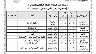 ننشر جدول امتحانات الصف السادس الابتدائي الترم الثاني 2025 بمحافظة الفيوم ننشر جدول امتحانات الصف السادس الابتدائي الترم الثاني 2025 بمحافظة الفيوم
