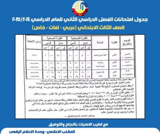 ننشر جداول امتحانات الفصل الدراسي الثاني 2025 للمرحلة الابتدائية بالبحيرة ننشر جداول امتحانات الفصل الدراسي الثاني 2025 للمرحلة الابتدائية بالبحيرة