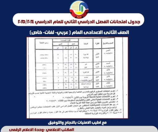 تعرف على مواعيد امتحانات الفصل الدراسي الثاني للإعدادية في البحيرة تعرف على مواعيد امتحانات الفصل الدراسي الثاني للإعدادية في البحيرة