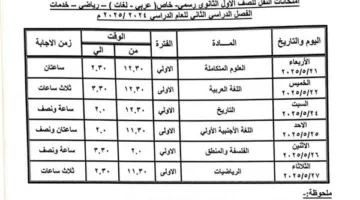 جداول امتحانات النقل والشهادة الإعدادية للفصل الدراسي الثاني للعام 2024/2025 ببنى سويف