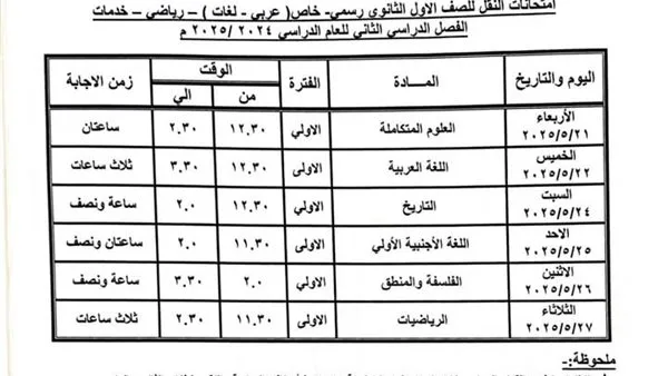 جداول امتحانات النقل والشهادة الإعدادية للفصل الدراسي الثاني للعام 2024/2025 ببنى سويف جداول امتحانات النقل والشهادة الإعدادية للفصل الدراسي الثاني للعام 2024/2025 ببنى سويف