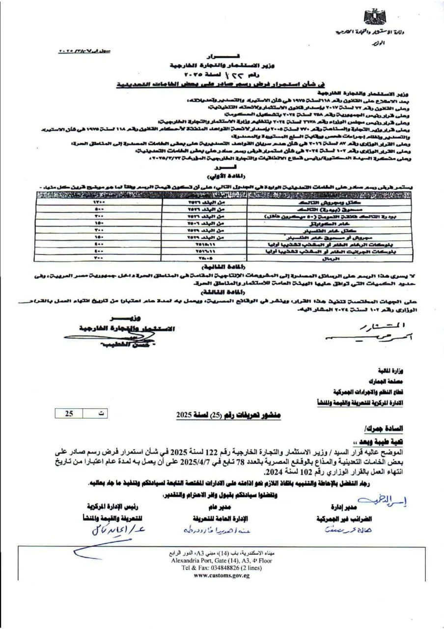 الجمارك تشرع في تنفيذ قرار وزير الاستثمار بفرض رسوم على تصدير بعض المواد التعدينية. الجمارك تشرع في تنفيذ قرار وزير الاستثمار بفرض رسوم على تصدير بعض المواد التعدينية.
