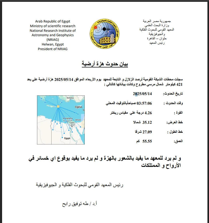 المعهد الوطني للبحوث الفلكية: زلزال ارتدادي جديد بقوة 4.26 درجة شمال مرسى مطروح المعهد الوطني للبحوث الفلكية: زلزال ارتدادي جديد بقوة 4.26 درجة شمال مرسى مطروح
