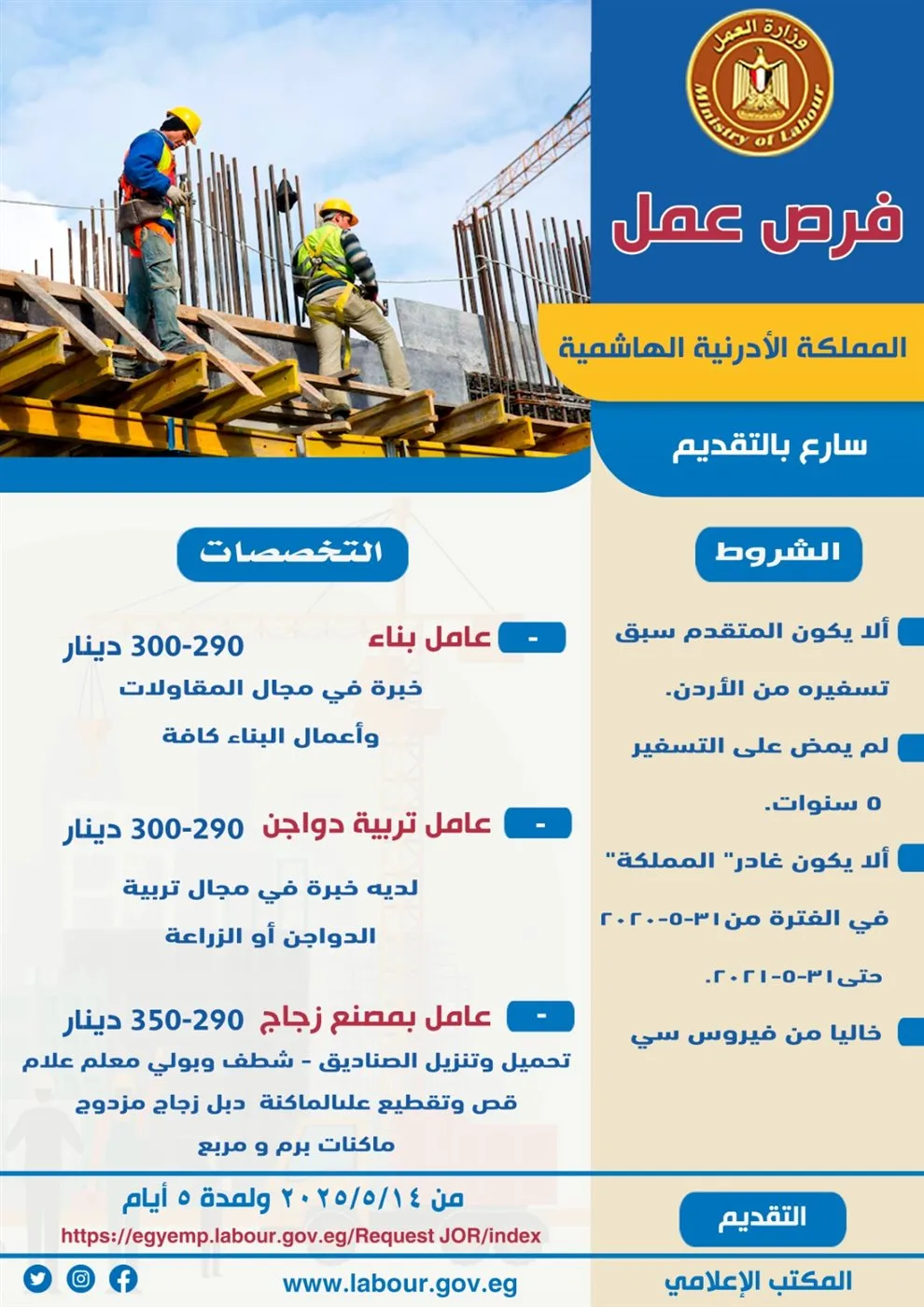 وظائف شاغرة في الأردن.. فرص رائعة للعمال المصريين، قدم طلبك الآن! وظائف شاغرة في الأردن.. فرص رائعة للعمال المصريين، قدم طلبك الآن!