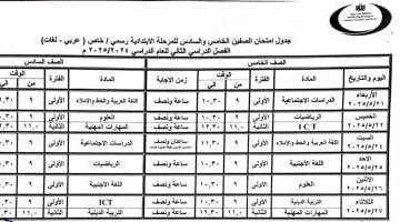 جداول امتحانات النقل والشهادة الإعدادية للفصل الدراسى الثانى ببنى سويف
