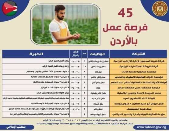 45 فرصة عمل للمصريين في الأردن عبر مجالات متنوعة | التخصصات وموعد تقديم الطلبات النهائي 45 فرصة عمل للمصريين في الأردن عبر مجالات متنوعة | التخصصات وموعد تقديم الطلبات النهائي