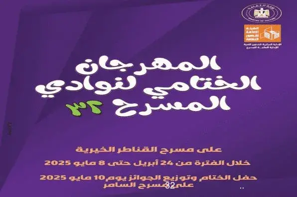 غدًا على مسرح السامر.. ختام وتوزيع جوائز الدورة 32 لمهرجان نوادي المسرح غدًا على مسرح السامر.. ختام وتوزيع جوائز الدورة 32 لمهرجان نوادي المسرح