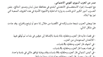 &quot;القومي&quot; يعلن نتيجة مشاركته في الإستحقاق الإنتخابي البلدي بمحافظة جبل لبنان