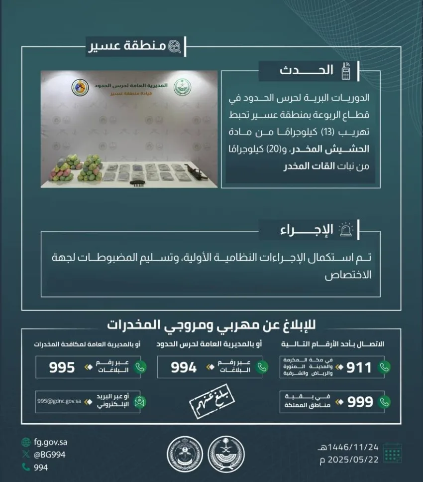 إحباط عملية تهريب 13 كيلوجراماً من الحشيش و20 كيلوجراماً من القات في الربوعة إحباط عملية تهريب 13 كيلوجراماً من الحشيش و20 كيلوجراماً من القات في الربوعة