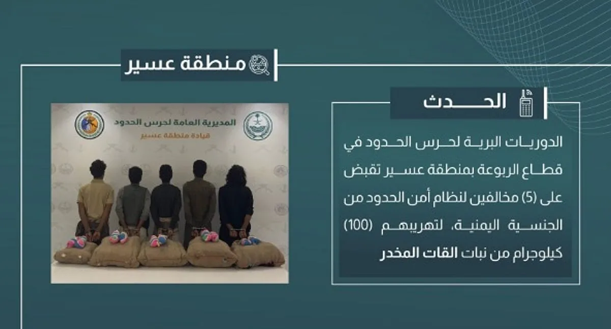 إلقاء القبض على خمسة مهربين بحوزتهم 100 كيلوغرام من القات في عسير
