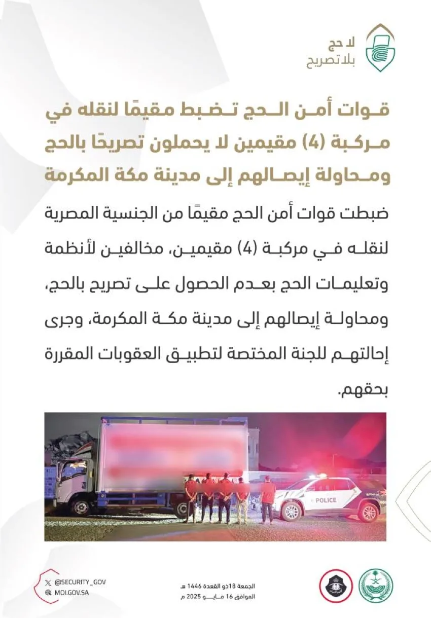 إلقاء القبض على شخص لنقله أربعة مقيمين بدون تصريح حج ومحاولته توصيلهم إلى مكة المكرمة. إلقاء القبض على شخص لنقله أربعة مقيمين بدون تصريح حج ومحاولته توصيلهم إلى مكة المكرمة.