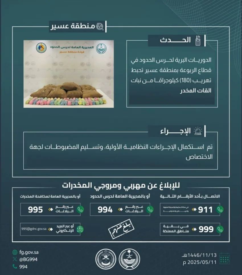 إيقاف محاولة تهريب 180 كجم من القات في الربوعة إيقاف محاولة تهريب 180 كجم من القات في الربوعة