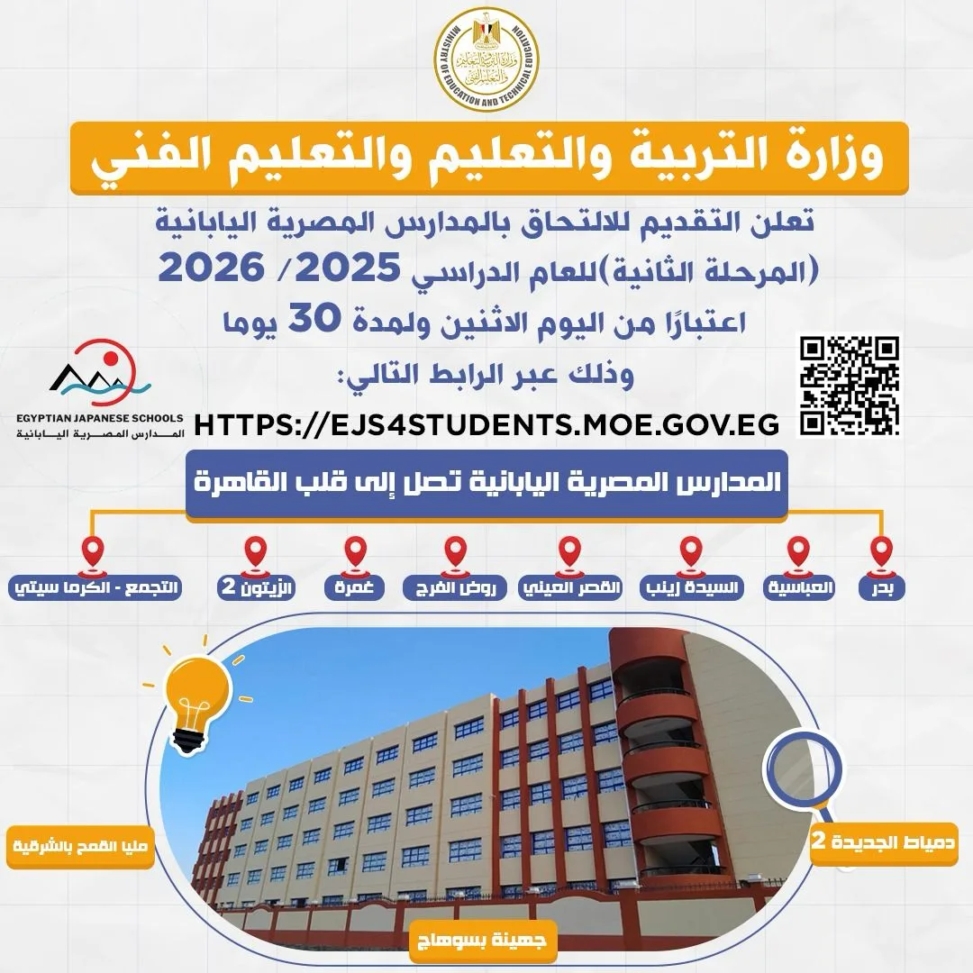 افتتاح فترة التقديم للالتحاق بالمدارس المصرية اليابانية لمدة 30 يومًا افتتاح فترة التقديم للالتحاق بالمدارس المصرية اليابانية لمدة 30 يومًا