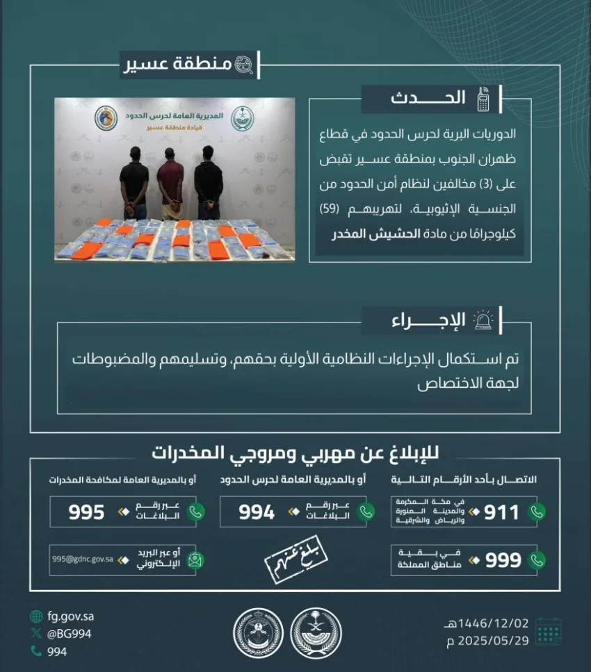 الإطاحة بثلاثة مهربين لتهريب 59 كيلوغرامًا من الحشيش في ظهران الجنوب