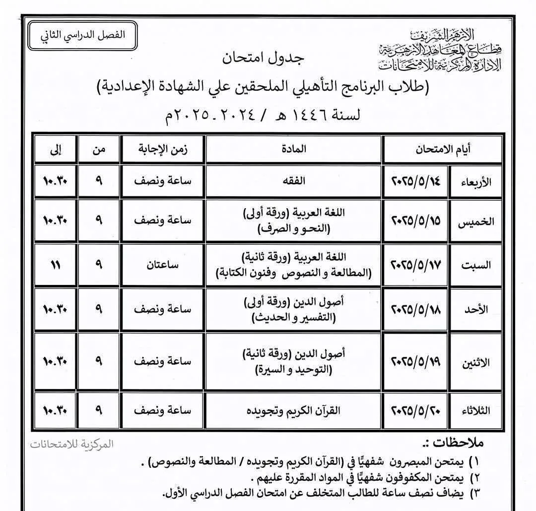 بدء امتحانات الشهادتين الابتدائية والإعدادية الأزهرية والبرنامج التأهيلي للمرحلة الإعدادية. بدء امتحانات الشهادتين الابتدائية والإعدادية الأزهرية والبرنامج التأهيلي للمرحلة الإعدادية.
