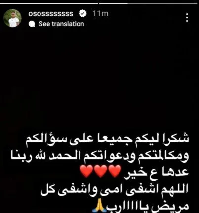 بعد دخولها المستشفى.. أوس أوس يكشف عن تطورات الحالة الصحية لوالدته «صورة» بعد دخولها المستشفى.. أوس أوس يكشف عن تطورات الحالة الصحية لوالدته «صورة»