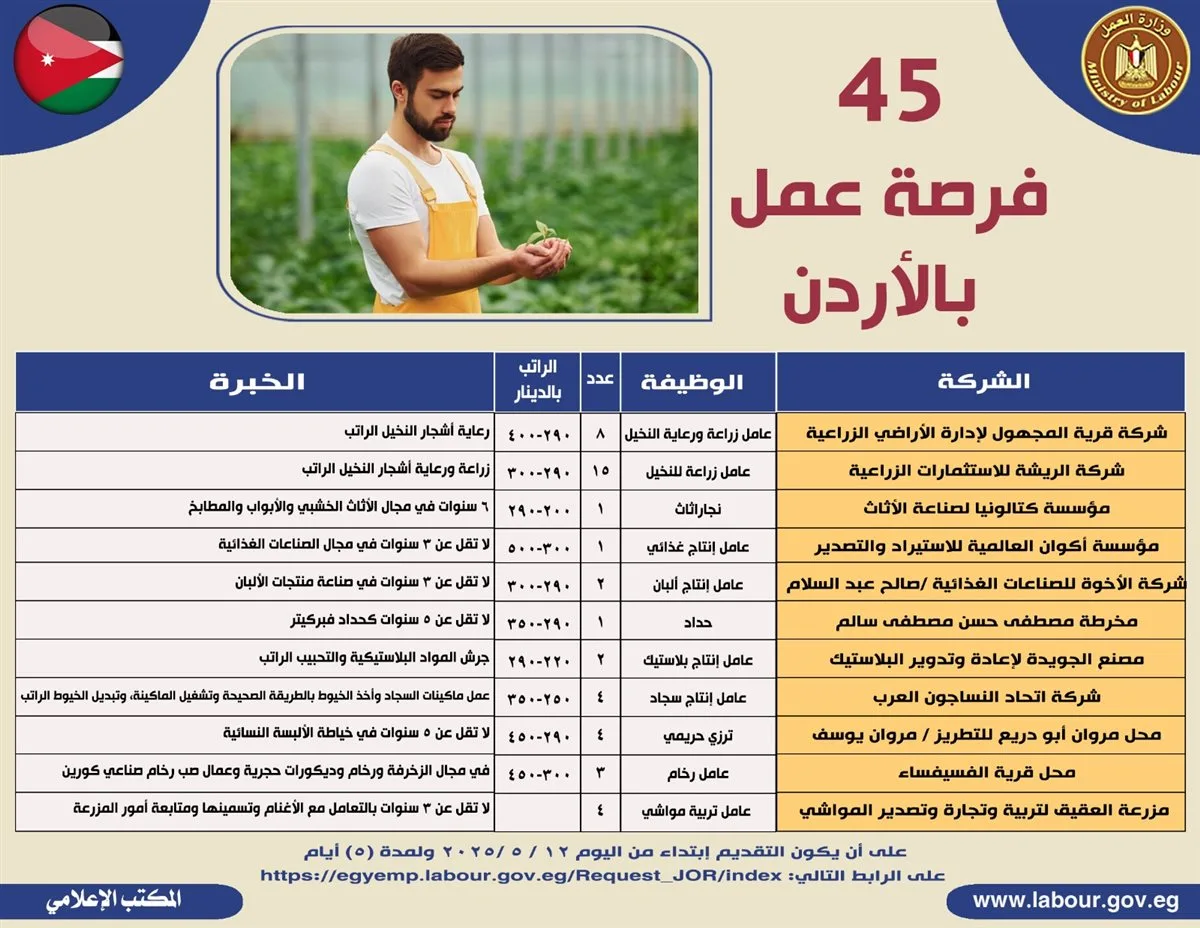بمرتبات تصل إلى 500 دينار شهريًا: وزير العمل يعلن عن 45 فرصة عمل جديدة للمصريين في الأردن. بمرتبات تصل إلى 500 دينار شهريًا: وزير العمل يعلن عن 45 فرصة عمل جديدة للمصريين في الأردن.