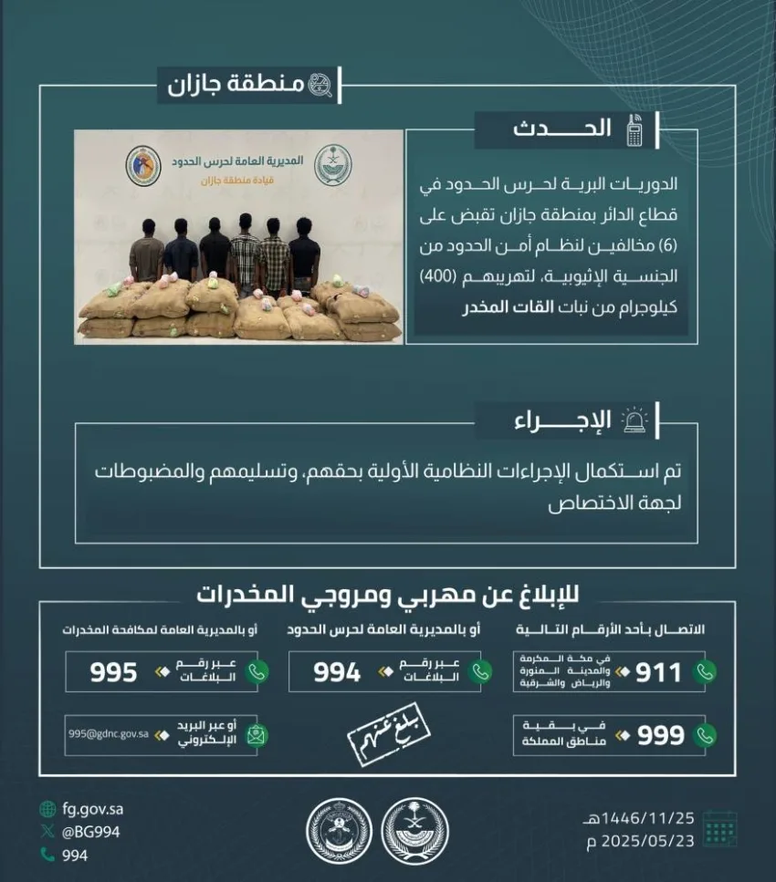 ت arrest of six individuals for smuggling 200 kg of qat in Al-Dayer.
