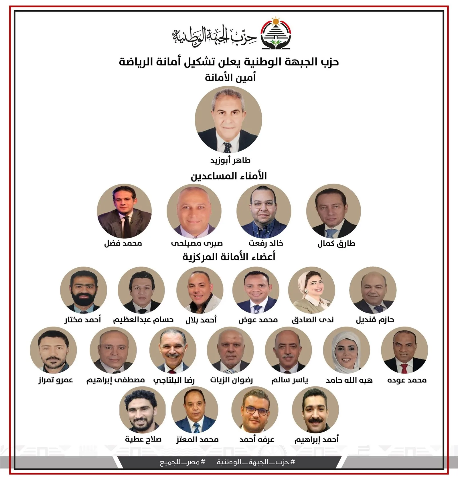 حزب الجبهة الوطنية يعلن تأسيس لجنة الرياضة برئاسة طاهر أبوزيد حزب الجبهة الوطنية يعلن تأسيس لجنة الرياضة برئاسة طاهر أبوزيد
