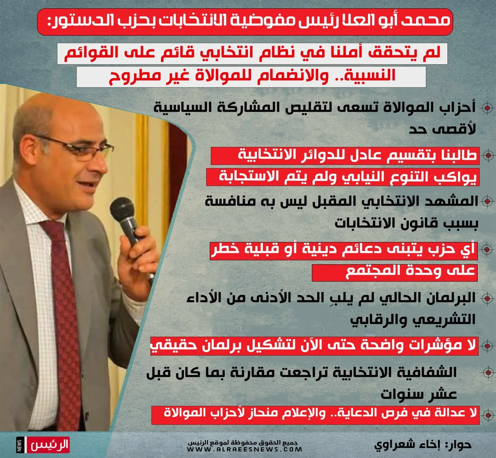 حوار | رئيس مفوضية الانتخابات بحزب الدستور: لم يتحقق طموحنا في نظام انتخابي يعتمد على القوائم النسبية.. والانضمام للموالاة ليس خيارًا مطروحًا.