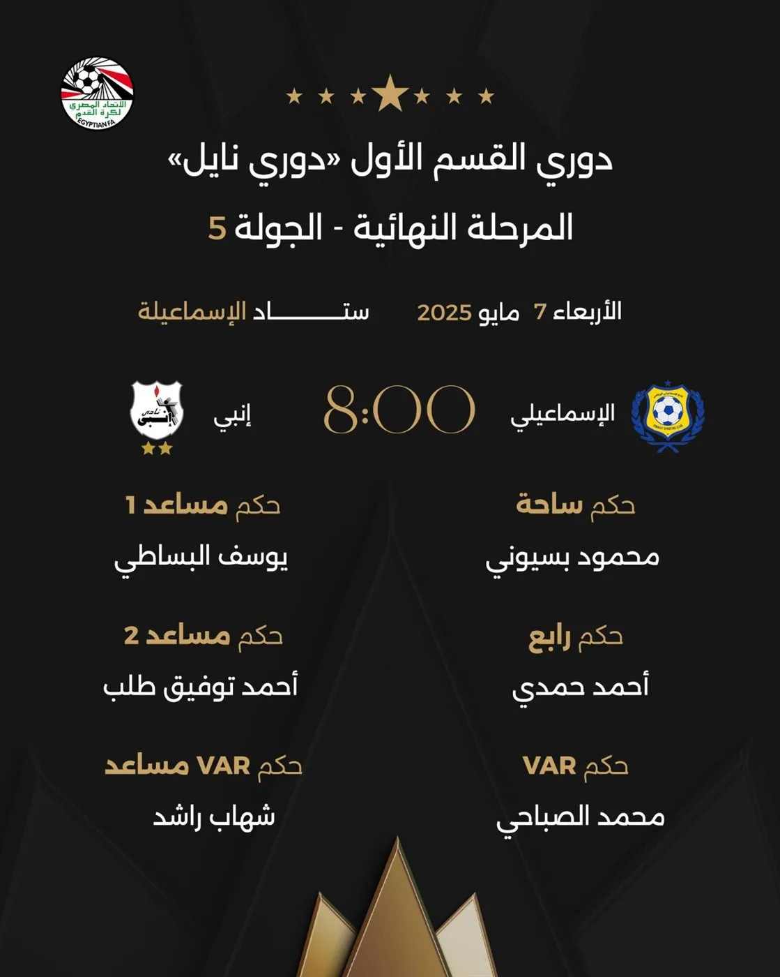لجنة الحكام تُعلن طاقم مباراتي الإسماعيلي ضد إنبي والجونة مع مودرن بالدوري الممتاز لجنة الحكام تُعلن طاقم مباراتي الإسماعيلي ضد إنبي والجونة مع مودرن بالدوري الممتاز