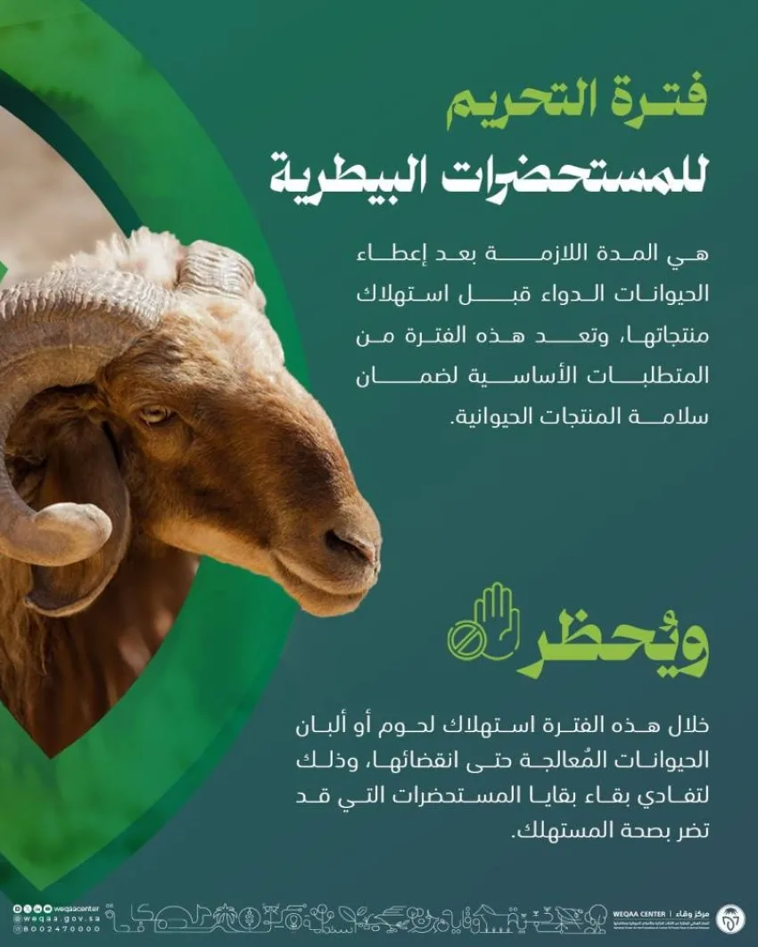 مركز وقاء يوصي بالالتزام بمدة التحريم للأدوية البيطرية المخصصة للحيوانات. مركز وقاء يوصي بالالتزام بمدة التحريم للأدوية البيطرية المخصصة للحيوانات.