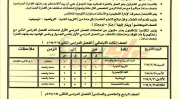 ننشر مواعيد امتحانات المرحلة الابتدائية من الثالث للسادس الابتدائي