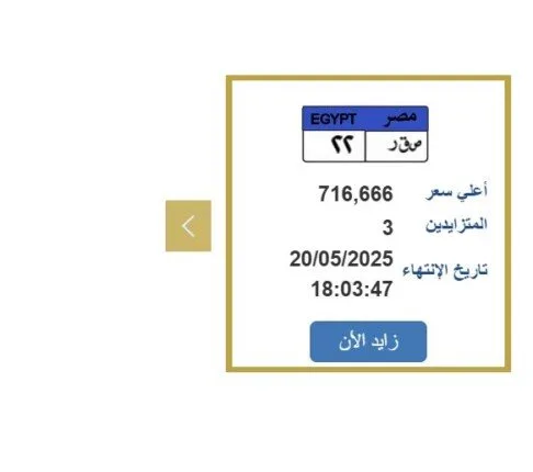نهاية التزايد غدًا.. «المرور» تعرض لوحة سيارة فريدة بسعر 716 ألف جنيه نهاية التزايد غدًا.. «المرور» تعرض لوحة سيارة فريدة بسعر 716 ألف جنيه