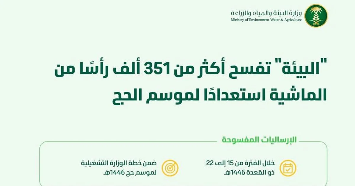 وزارة البيئة تخصّص أكثر من 351 ألف رأس من الماشية في إطار استعداداتها لموسم الحج 1446هـ