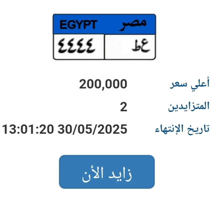 وصلت إلى 200 ألف جنيه… عرض مزاد على لوحة سيارة فريدة (ع ط- 4444)