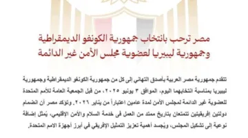 مصر ترحب بانتخاب جمهورية الكونغو الديمقراطية وليبيريا كأعضاء غير دائمين في مجلس الأمن